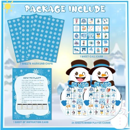 YQUQWN Winter Bingo Game, 24 Players Winter Snowman Bingo Cards Christmas Party Game for Family Classroom Office Holiday Favors Christmas Games Party Supplies