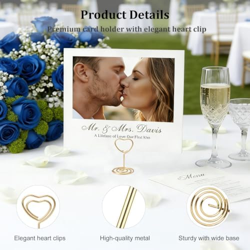 20PCS Mini Table Number Holders, Heart Shaped Place Card Holder, Premium Photo Holders for Tables, Table Sign Holders Card Stands Menu Clips for Wedding Valentine's Day Table Decor, Gold