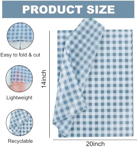 BEISHIDA Gingham Tissue Paper Bulk, Dusty Blue White Checkered Wrapping Tissue Paper for Gift Bags, 14 x 20 Inch Gift Wrap for Birthday Nautical Wedding DIY Crafts Decor Holiday Flowers,50 Sheets