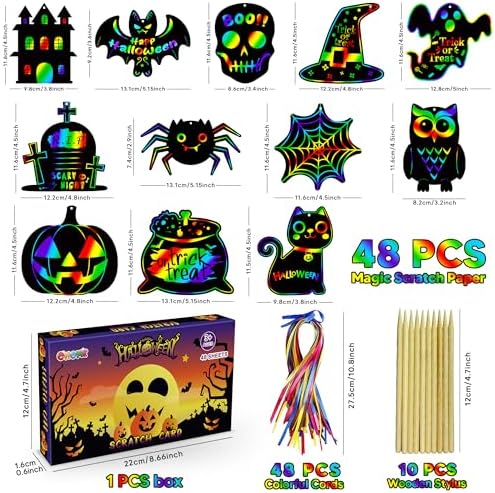 OHOME Halloween Party Favors - 48 PCS Magic Rainbow Scratch Paper Cards Set for Kids - Kids Halloween Games Crafts Treats Toys Gifts - Trick-or-Treat Activities Party Decorations Supplies