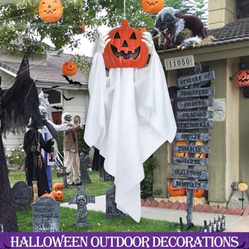 Sound Activated 43" Halloween Animatronics Hanging Ghost Holding Pumpkin