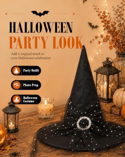 Edoneery Halloween Witch Hat for Women, Mesh Lace Cosplay Costume Accessory