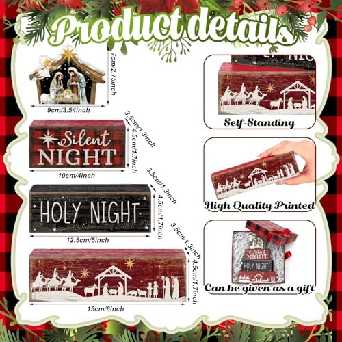 Moucuny 4 Pcs Christmas Table Decor, Wooden Nativity Scene Holy Night Signs
