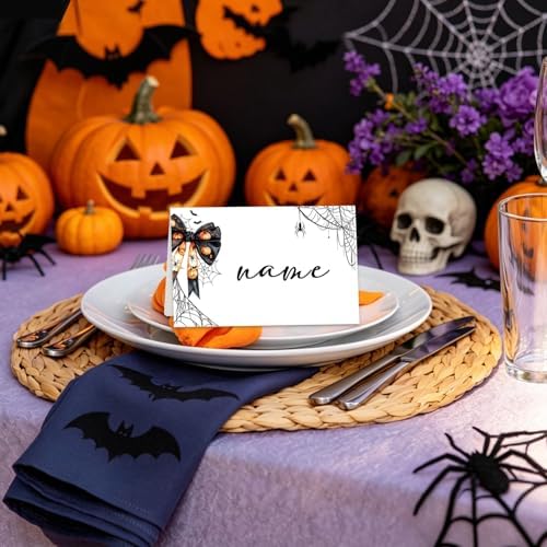 Halloween Place Cards for Table Setting, Bow Tent Cards Decor For Birthday Baby Shower Autumn Party Reception Decorations, Bridal Shower Place Card, 25 Pack Birthday Food Name Card 2 x 3.5" /031