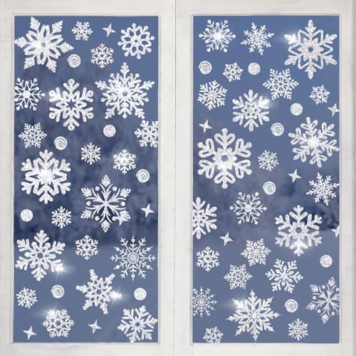 170PCS Glitter Christmas Window Clings Snowflake Window Clings for Glass Windows Silver Snowflake Window Stickers