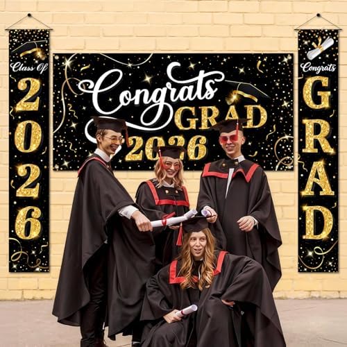 Class of 2026 Graduation Decorations, 3 Pcs Black Gold Congrats Grad Banner and Backdrop Set with 1 Photo Backdrop and 2 Hanging Banners for Indoor Outdoor Party Decor