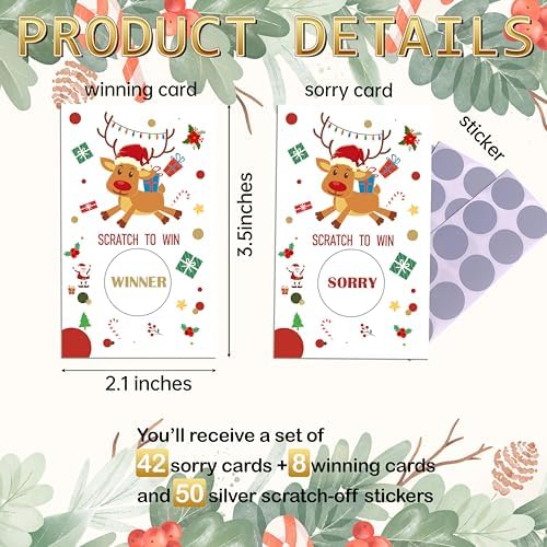 Christmas Scratch Off Game Cards, Christmas Party Game Cards, Reindeer Festive Raffle Games Prizes for Adults Groups, 50 Pcs Xmas Winter Holiday Activities Supplies Decorations -A04