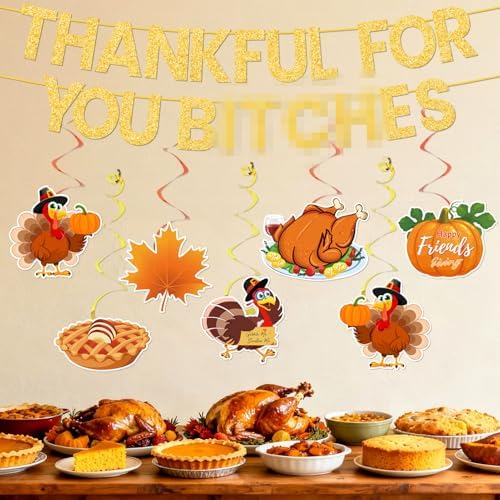 Pre-Assembled Girly Friendsgiving Party Decorations with Hanging Swirls, Gold Glitter Thanksgiving Banner for Friendsgiving Party Decorations Indoor Home Office