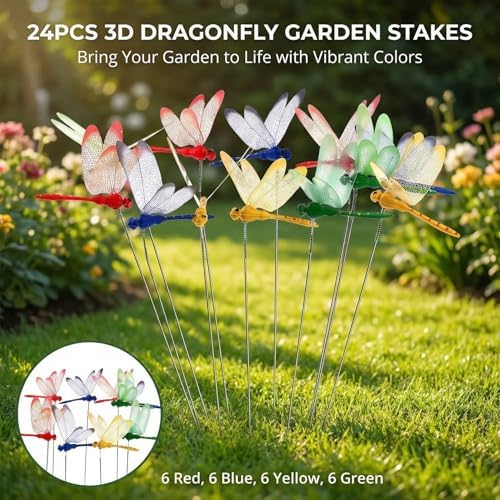 RAINFLOW 24 PCS Dragonfly Garden Stakes - Fake Dragonflies Outdoor Decor
