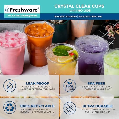 Freshware Clear Plastic Cups with Strawless Sip Lids [100 Cups - 12 oz] Disposable Cup for Iced Coffee, Smoothie, Milkshake, Cold Drinks