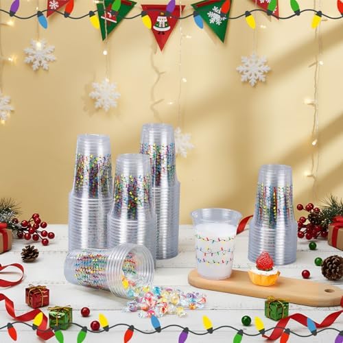 Jingmore 100 Pack 16 oz Christmas Clear Plastic Cups with Lights Design