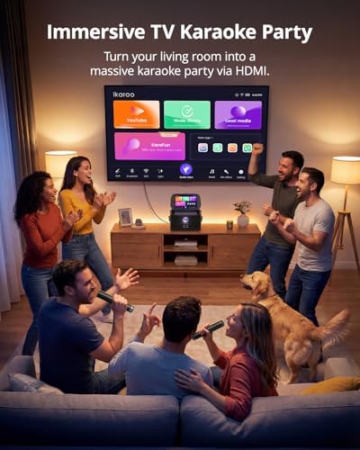 Ikarao Portable Karaoke Machine for Adults, Built-in Lyrics Display and Screen, 2 Self-Charging Wireless Microphones, Karaoke App, 140W Speaker, Connects to TV for Home Party Birthday Outdoor Camping