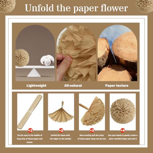 Recosis Tan Khaki Party Decorations, 18 Pcs Paper Pom Poms Decorations