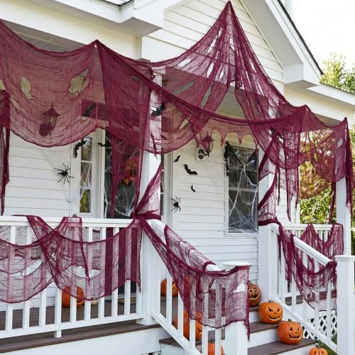 197"x71" Dark Red Creepy Cloth, Fine Mesh Halloween Cheesecloth Backdrop