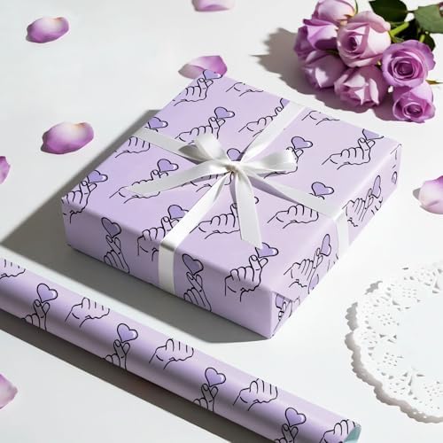 WRAPAHOLIC Valentines Day Wrapping Paper Roll - Mini Roll - 17 Inch x 16.5 Feet - Purple Finger Heart Wrapping Paper for Valentine's Day, Anniversary, Wedding