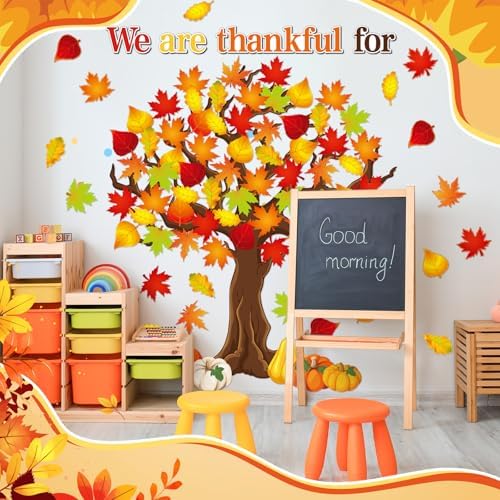 Ctosree 99 Pcs Fall Thanksgiving Bulletin Board Decorations Set We are Thankful for Classroom Wall Decor Autumn Maple Leaves Pumpkin Make Your Own Large Thankful Tree for Autumn Harvest Party Decor