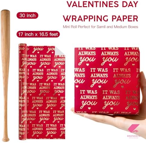 WRAPAHOLIC Valentines Day Wrapping Paper Roll - Mini Roll - 17 Inch x 16.5 Feet - Red Wrapping Paper with Gold Foil It Was Always You for Valentine's Day, Anniversary, Birthday, Wedding