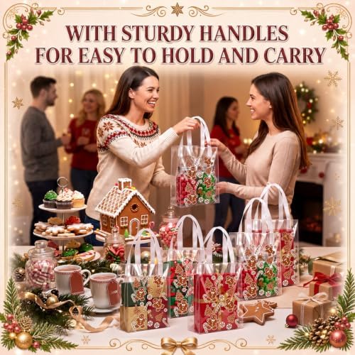 Pajean 25 Pcs Christmas Plastic Gift Bags with Handles, Gingerbread Pouches