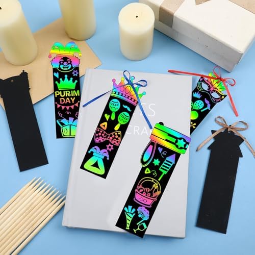 JUNEBRUSHS 30Pcs Purim Scratch Bookmarks for Students Classroom Activity