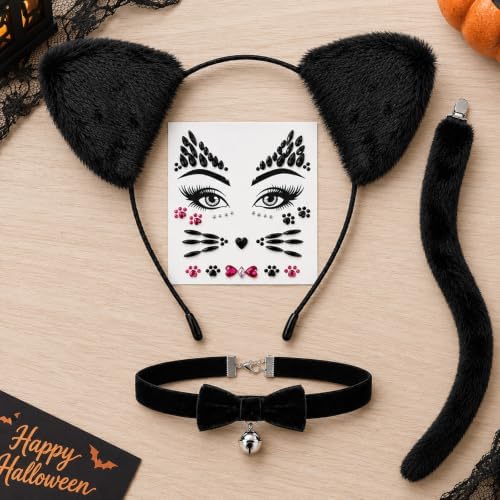 Black Cat Ears Headband, Tail, Choker & Face Stickers Set - Black Cat Costume Outfit Woman Adult Women, Halloween Cosplay Costume Dress Up Party Accessories