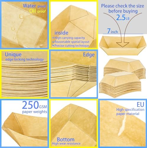 50 Pack 2.5lb Kraft Paper Food Trays, Disposable Paper Food Boat Heavy-Duty Food Serving Basket Tray for Snack Hot Dog French Fries Nachos Taco Popcorn BBQ Party Picnic Wedding Party