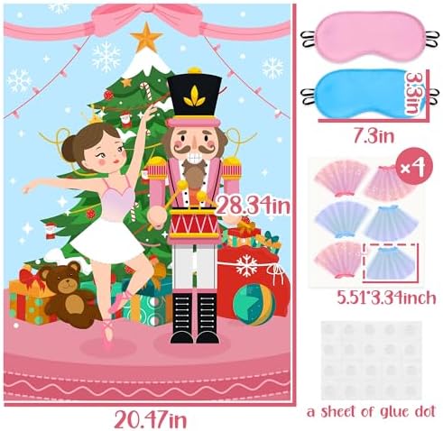 Pin The Tutu On The Ballerina Game Christmas Nutcracker Soldier Ballet Dancer Poster with 24 Stickers Xmas Winter Holiday New Year Birthday Carnival Activity Party Decorations Supplies for Kids Girls