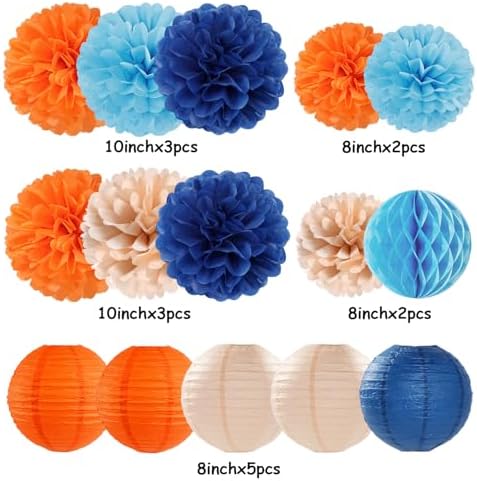 Navy-Blue Orange Champagne Party-Decorations Paper-Flowers - 15pcs Fall Birthday Baby Bridal Shower Tissue Pom Poms Lanterns Streamers Honeycomb, Wedding Bachelorette Hanging Supplies Decor Hugfond