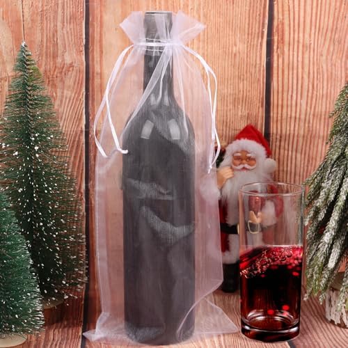 KIMOBER 30Pcs White Organza Wine Bags, 6.3" × 14.6" Mesh Christmas Wine Bottle Gift Bags with Drawstring for Christmas, Champagne Bottles, Wedding Party Gifts