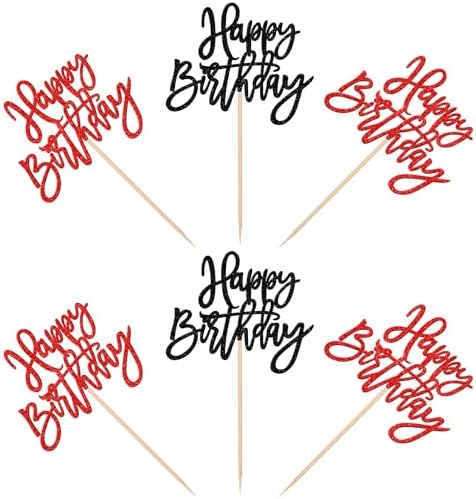 24 PCS Happy Birthday Cupcake Toppers Glitter Happy Birthday Cupcake Picks for Celebrating Anniversary Theme Party Cake Decorations Supplies Black Red