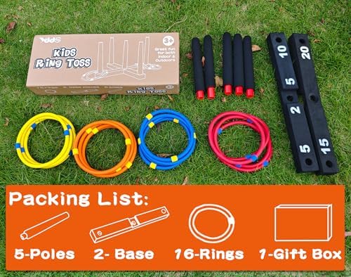 Ring Toss Game Indoor & Outdoor Game for Family and Adults with 5 Poles, 2 Bases and 16 Rings in 4 Colors, Soft Foam Toy Backyard Ring Toss Fun