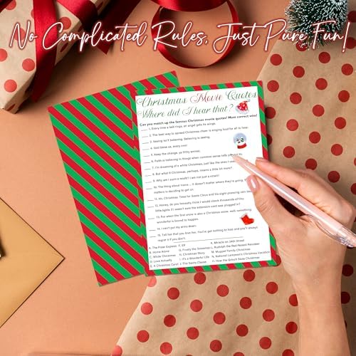 Christmas Movie Quotes Game Card - 20 Holiday Game Cards With 1 Answer Card - Xmas Film Party Funny Activity for Family, Adults & Teens - Christmas Party Supplies & Decor (Red & Green Stripe) - A04