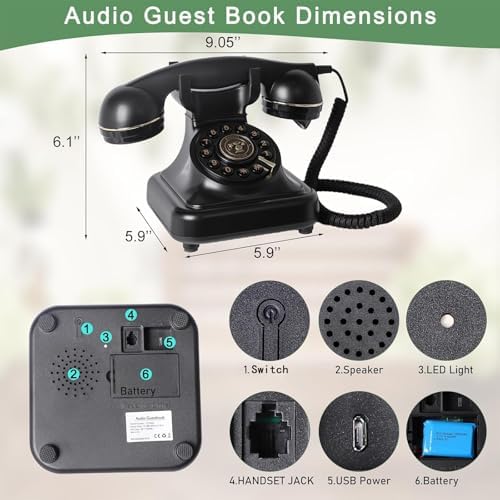 Audio Guest Book Wedding Phone with Gift Box, Vintage Audio GuestBook for Wedding, Bridal Shower, Birthday Party, Baby Shower, Anniversary, Engagement (Pure Black)