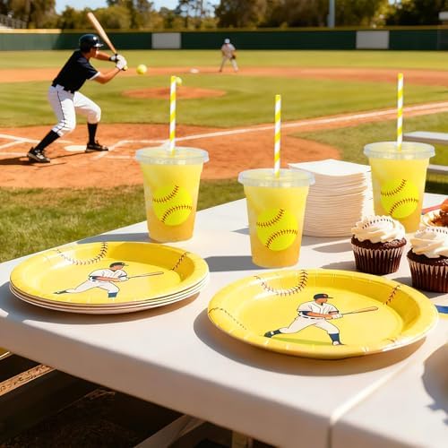 Whaline 50Pcs 12Oz Softball Disposable Plastic Cups with Lids and Straws Cute Softball Cold Beverage Drinking Cups for Sports Theme Birthday Party Supplies