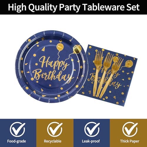 48PCS Happy Birthday Plates and Napkins Party Supplies, Blue and Gold Disposable Paper Plates and Napkins with Forks Tableware Set for Birthday Party Decorations 16 Guests (Pack of 2)