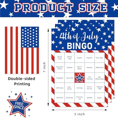 4th of July Bingo Game Set for 24 - Patriotic Party Activities, Independence Day Games for Family Reunion, School & Classroom Decorations – 5" x 7" Cards