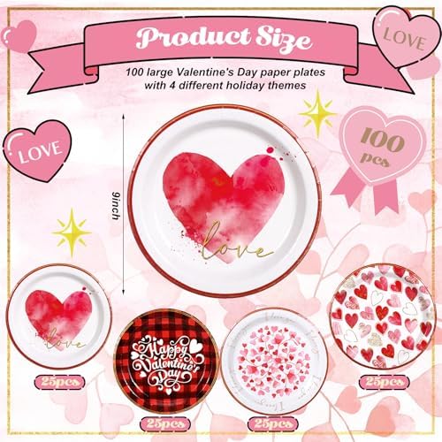 100 Pcs Valentine‘s Day Paper Plates 9 Inches Disposable Round Heart Plates for Valentine‘s Day Party Table Decor