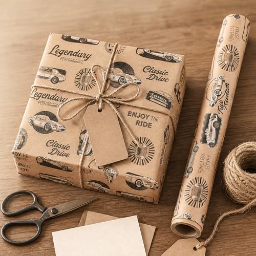 Ulmasinn Vintage Sports Car Wrapping Paper Roll, Kraft Gift Wrap with Retro Racing Car Design, 17 Inch x 33 Feet, Birthday Wrapping Paper for Boys, Men, Car Lovers, Father's Day, Racing Party Gifts