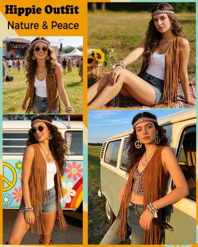 60s 70s Outfit for Women Hippie Costume Clothes Fringe Vest Accessories
