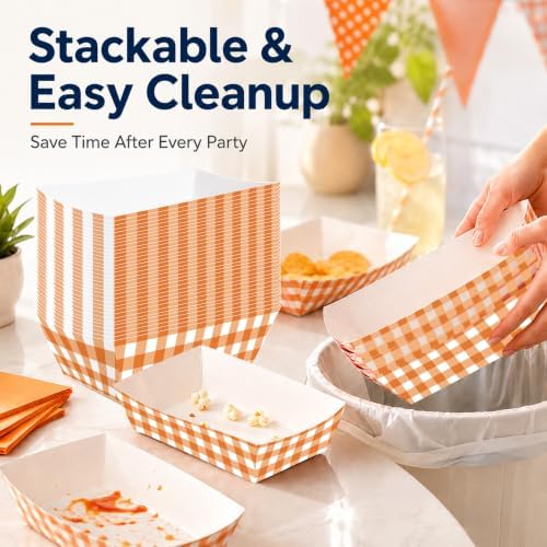 100 Pcs Orange Checkered Paper Food Trays, Pre-Folded Disposable Snack Boats for Popcorn, Candy, Fries, Nachos, Snacks, Movie Night Party Supplies, Cinema Themed Serving Trays