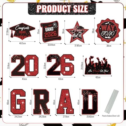 Graduation Yard Signs Class of 2026 Decorations 11pcs Black and Red Congrat