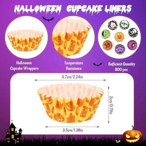AUGSUN 800pcs Halloween Mini Cupcake Liners Paper Cups, 8 Designs