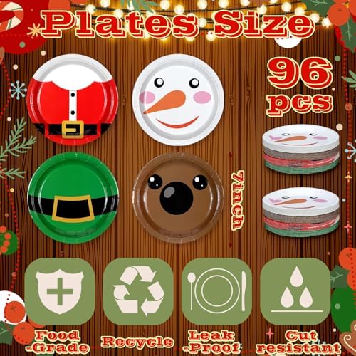 Fourluoo 96 Pcs Christmas Cartoon Paper Plates 7 Inch Disposable Santa Snowman Christmas Dinner Plates for Xmas Birthday Holiday Party Supplies Table Decor