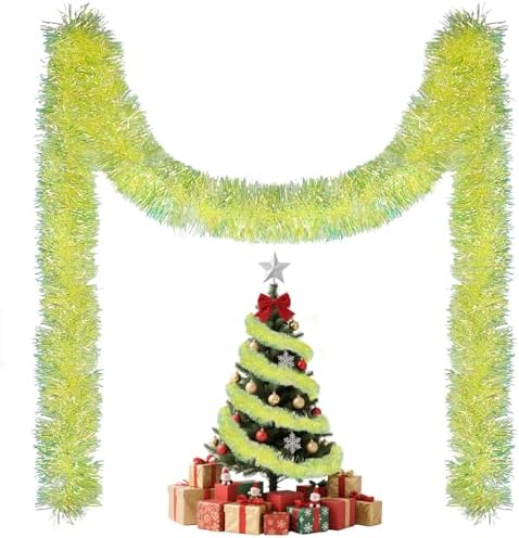 20FT Lime Green Christmas Tinsel Garland Iridescent Hanging Twisted Garland iRide for Christmas Tree Fireplace Mantle Xmas Party Home Decoration