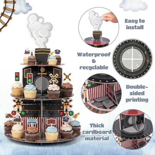ANGOLIO Train Birthday Cupcake Stand - 3 Tiered Cardboard Dessert Towers
