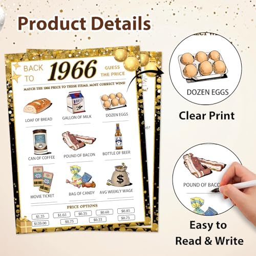 30Pcs 60th Birthday Game Cards, 1966 Quiz & Guess the Price Game
