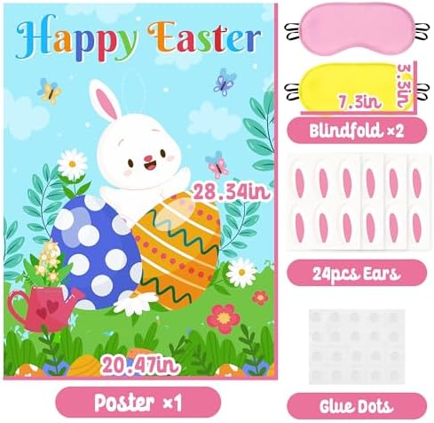 Pin The Ears on The Bunny Game for Kids, Happy Easter Rabbit Poster with 24Pcs Stickers Fun Family School Classroom Activities Spring Holiday Egg Hunt Birthday Party Decoration Supplies Wall Decor