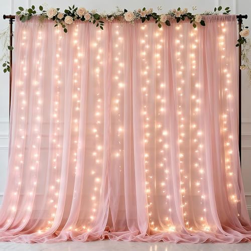 Ledido 10×10ft Pink Tulle Backdrop Curtain with Light(2 Panels 5×10ft)