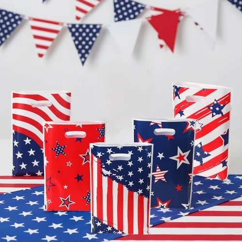 4th of July Treat Bags, 50PCS 4th of July Gift Bags with Handles, Plastic Red White and Blue Patriotic Star Cookie Goodie Candy Party Favor Bag for Independence Day Party Decoration Supplies, 6.7"x10"