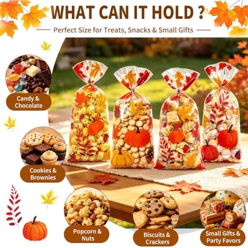 100Pcs Fall Cellophane Treat Bags, Thanksgiving Goodie Bags with Twist Ties