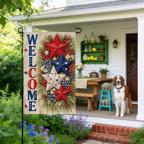 4th of July Decorations - Patriotic Stars Welcome Garden Flag | Double Sided Fourth of July Accessories Patriotic Banner | 250 Anniversary USA Merchandise for Garden Yard Porch Patio Lawn Outdoor Outside Decor